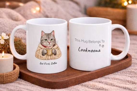 Personalized Cat Coffee Mug: Cozy Illustration, Cat Lover Gift