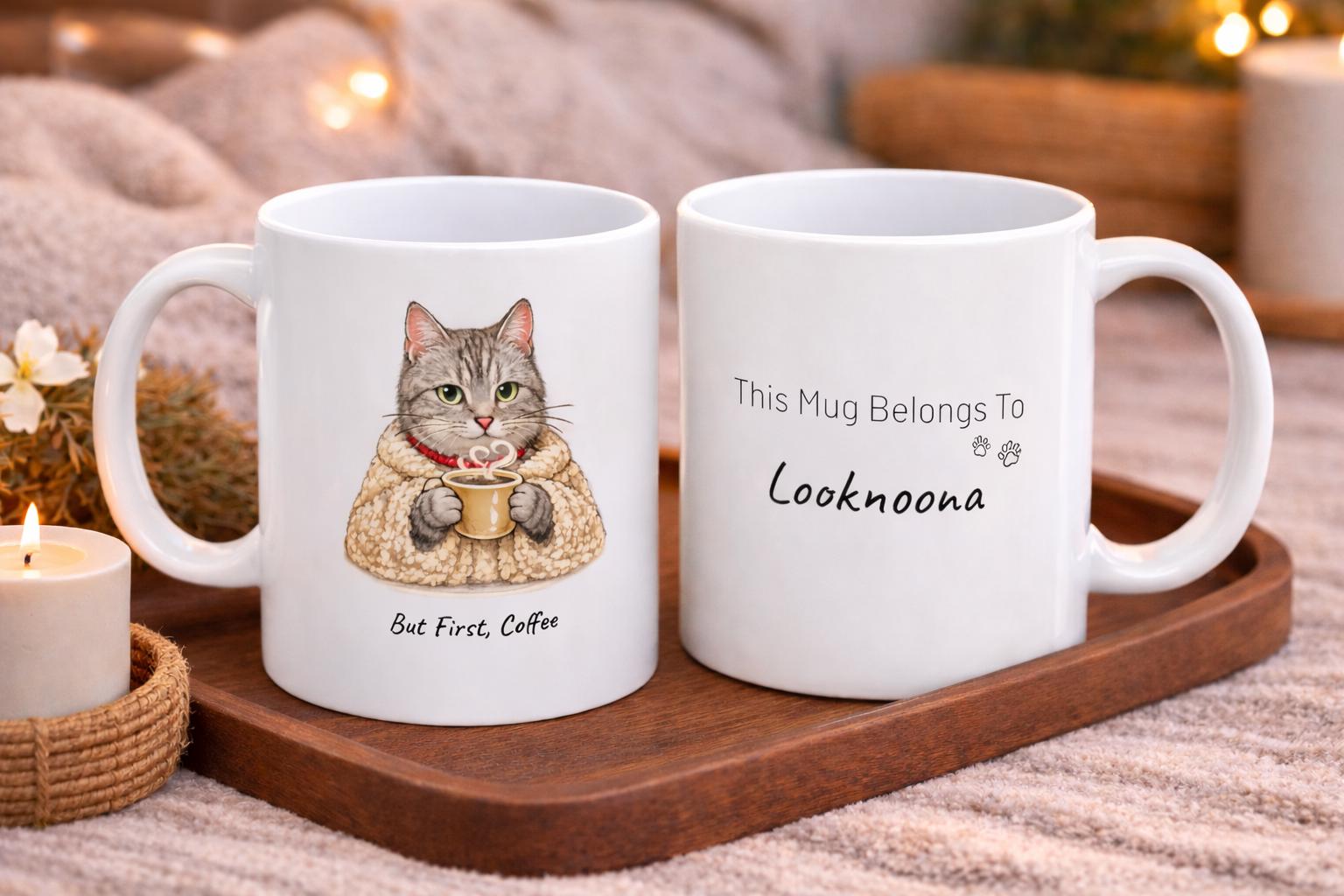 Personalized Cat Coffee Mug: Cozy Illustration, Cat Lover Gift