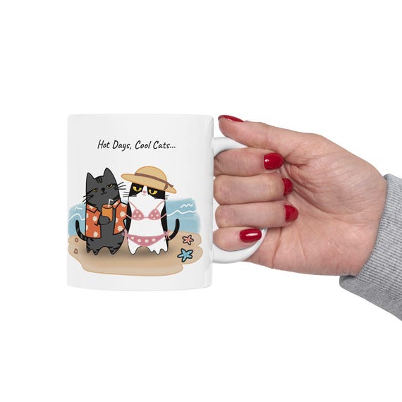 Personalized Cat Couple Summer Beach Mug, Hot Days Summer Cats Coffee Cup