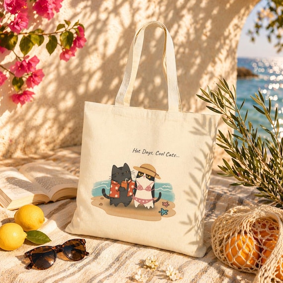 Cats Beach Tote Bag, Summer Canvas Bag, Cat Lover Gift