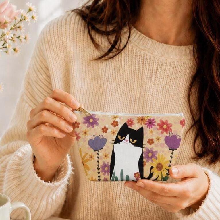 Personalized Black Cat Makeup Yellow Bag, Floral Cosmetic Pouch with Custom Name.