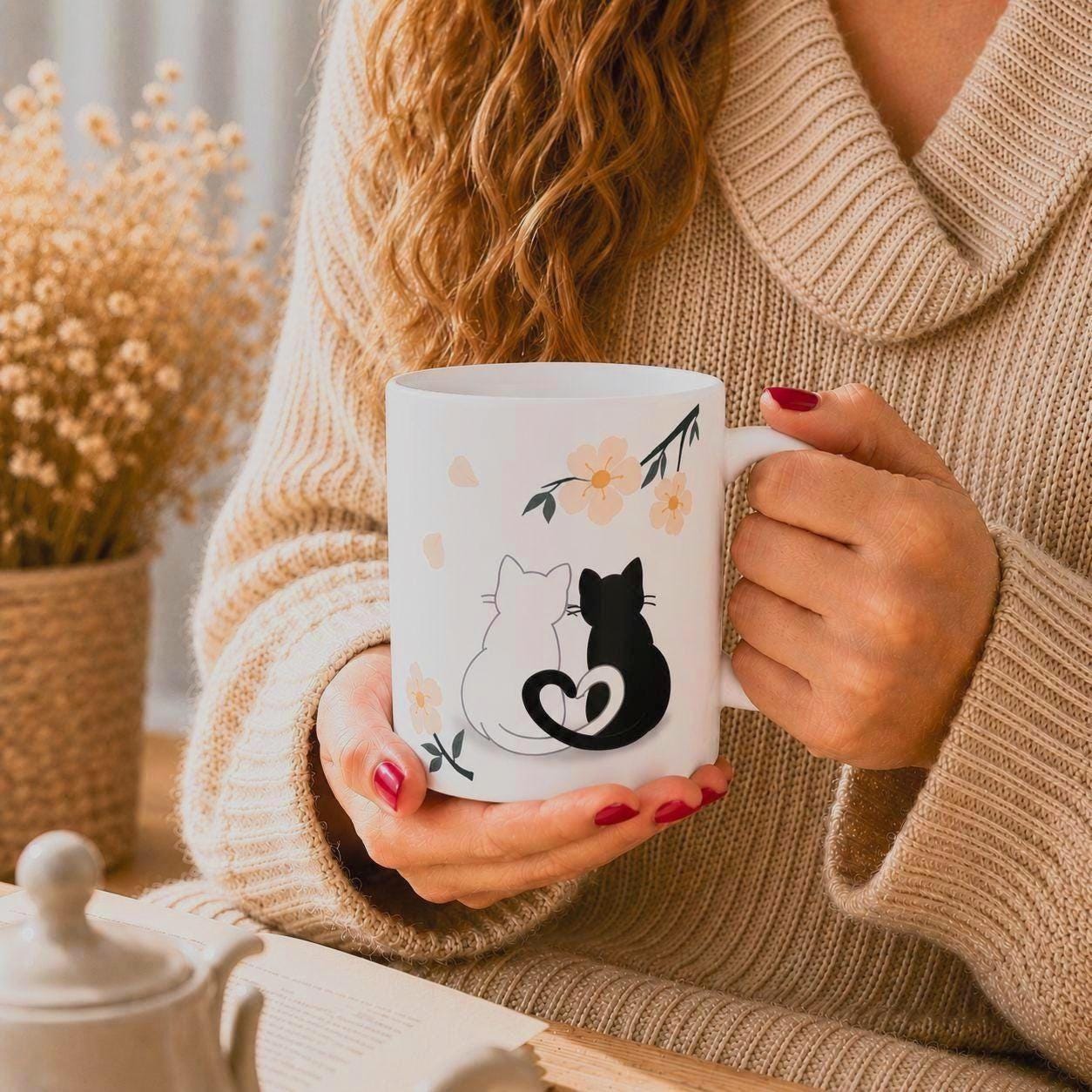 Personalized Cat Mug, Floral Ceramic Cup, Black and White Cats Coffee Mug