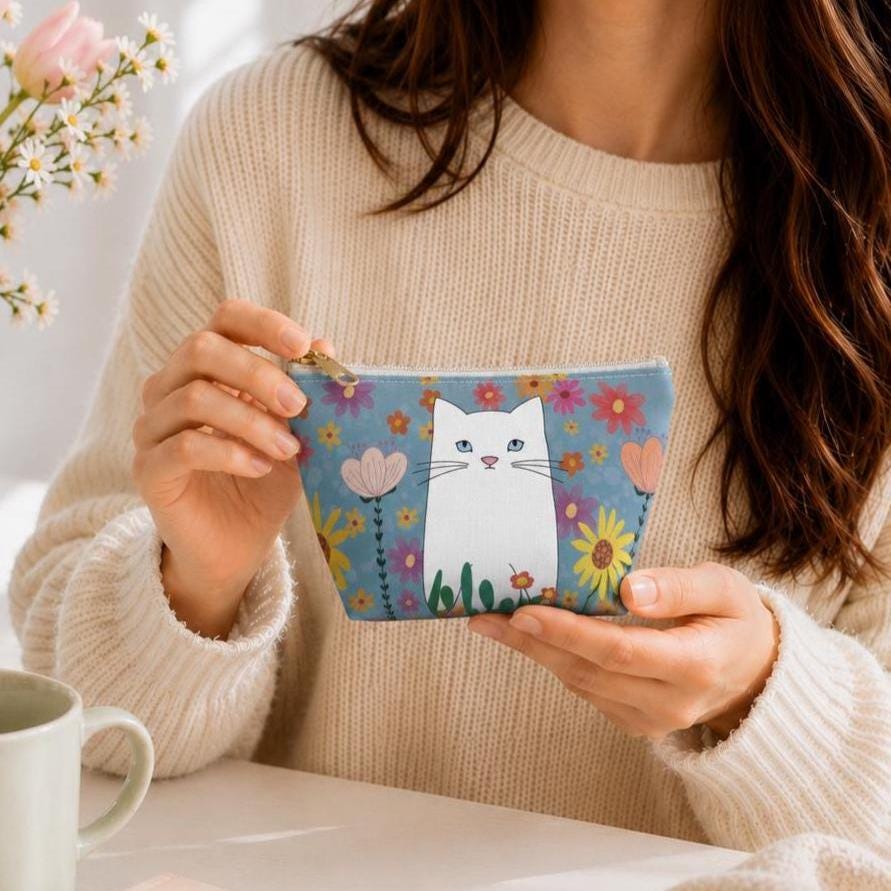 Personalized White Cat Makeup Bag, Floral Cosmetic Pouch with Custom Name