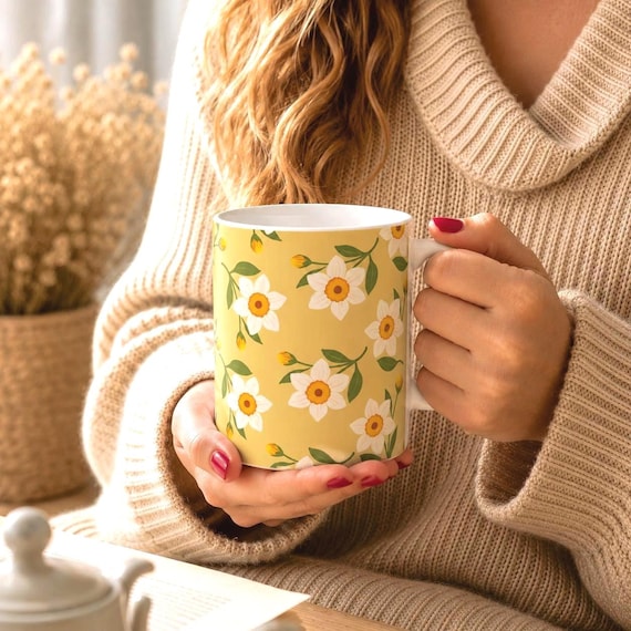 Yellow Daisy Ceramic Mug, Cottagecore Botanical Floral Cup