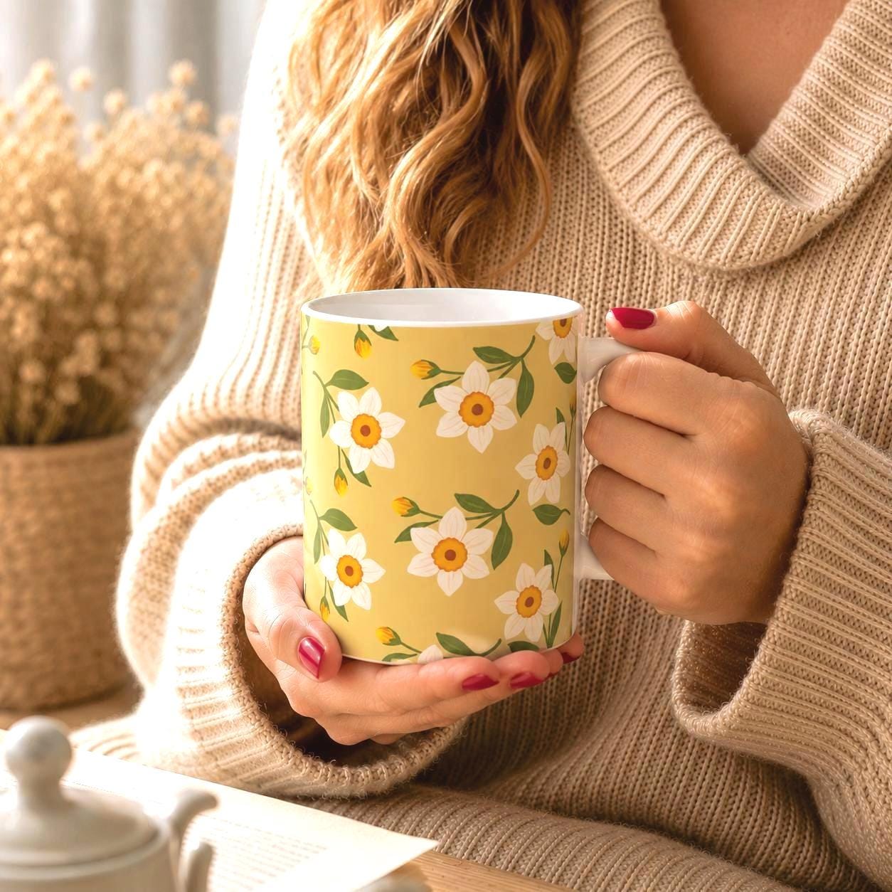 Yellow Daisy Ceramic Mug, Cottagecore Botanical Floral Cup