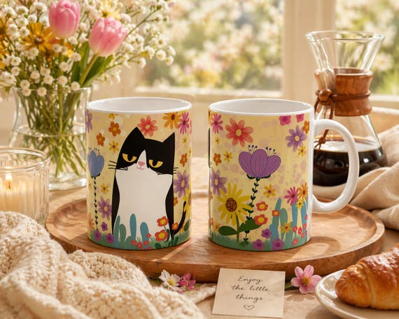 Floral Cat Mug, Cat Lover Gift, Warm Yellow Coffee Cup