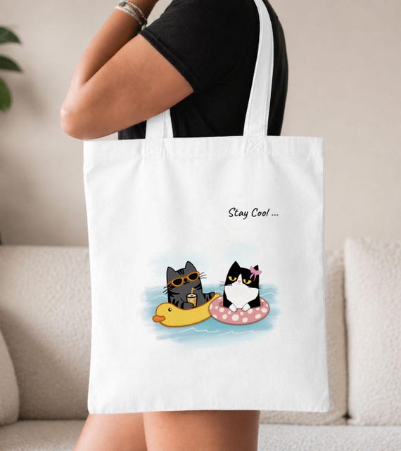 Canvas Tote Bag, Funny Cat Couple Summer Beach Bag