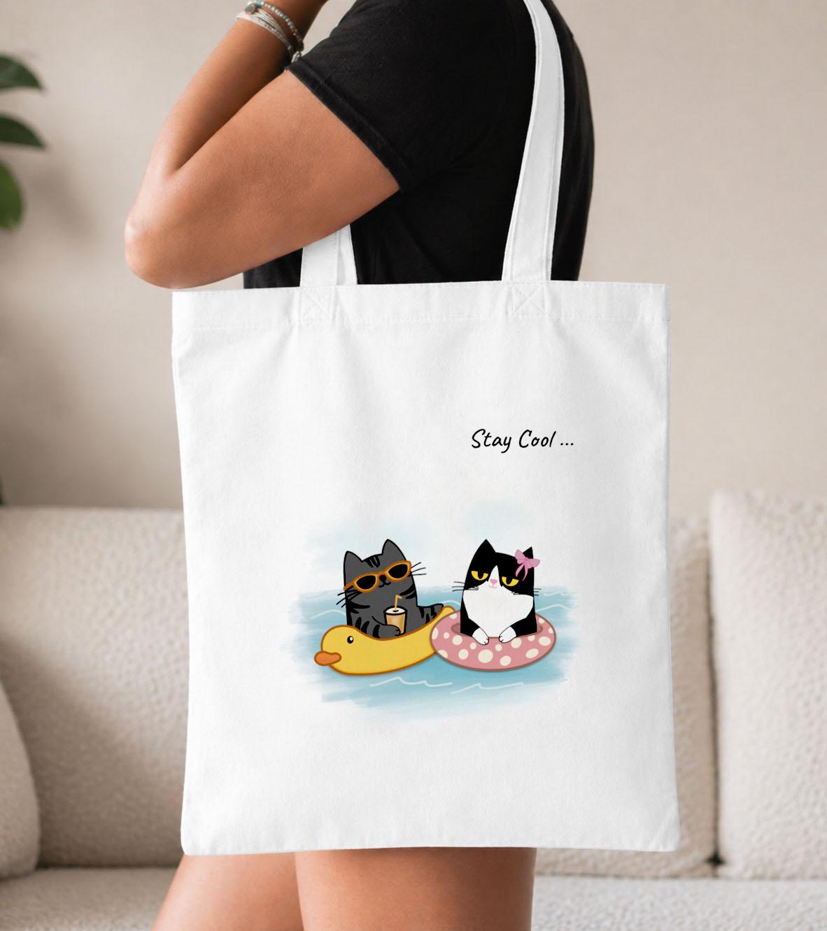 Canvas Tote Bag, Funny Cat Couple Summer Beach Bag