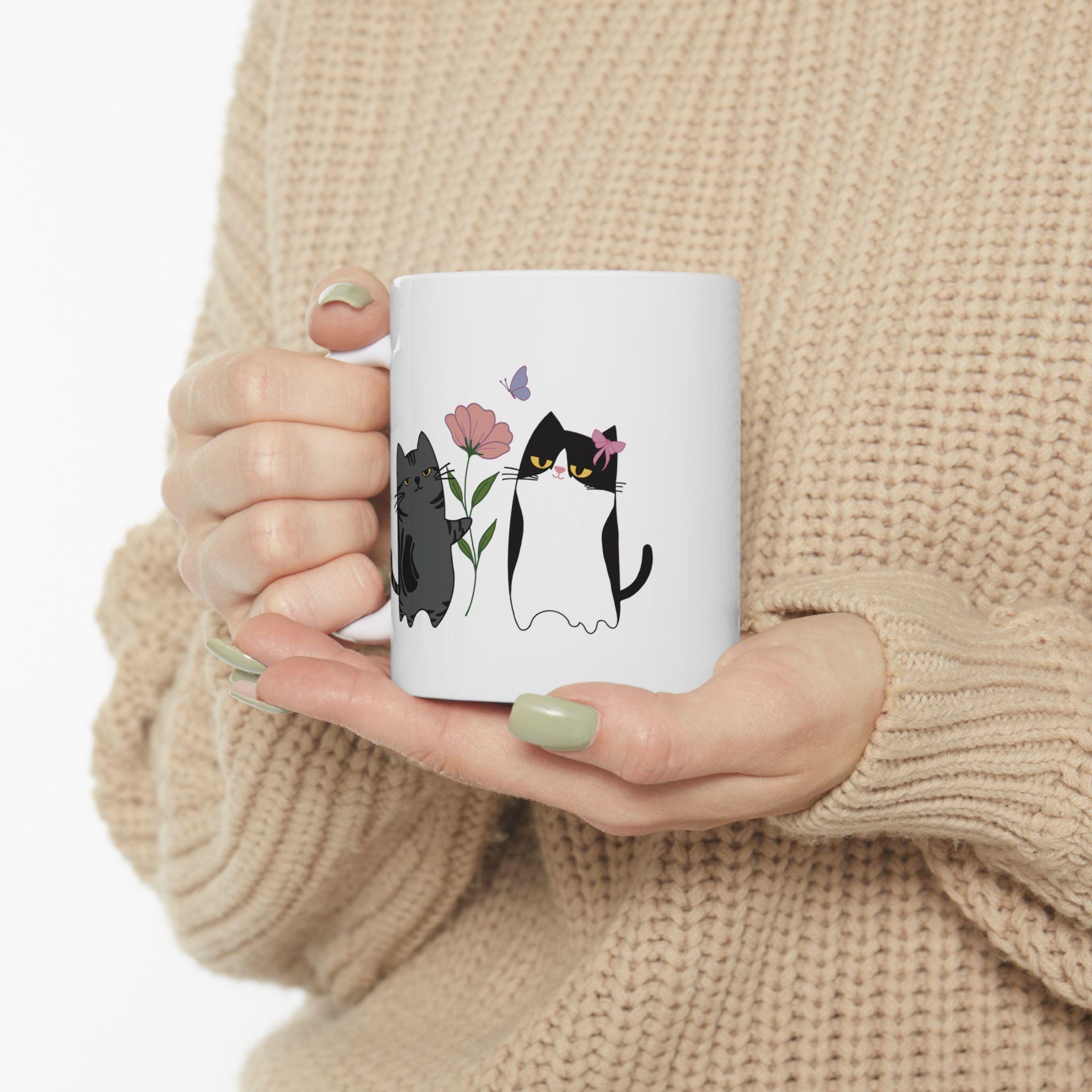 Cute Cat Couple Mug with Flower & Butterfly / Ceramic Coffee Mug for Cat Lovers