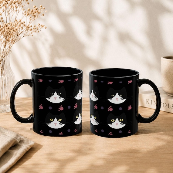 Tuxedo Cat Faces Ceramic Mug | Black Cat Paw Print Coffee Cup