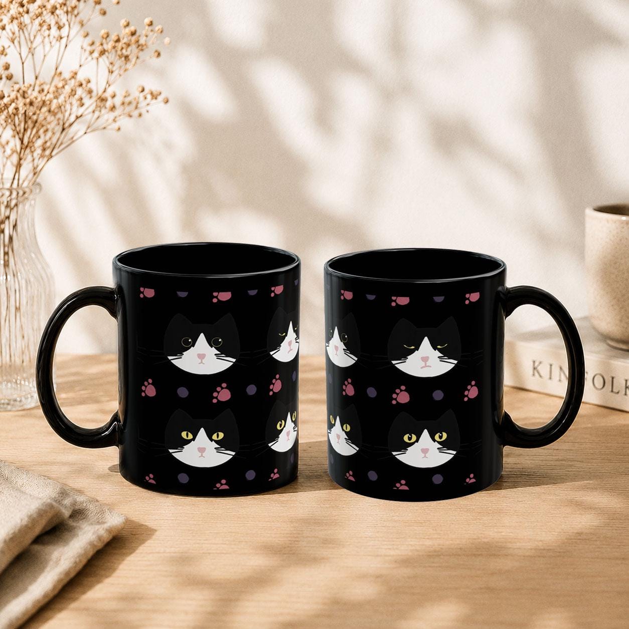 Tuxedo Cat Faces Ceramic Mug | Black Cat Paw Print Coffee Cup