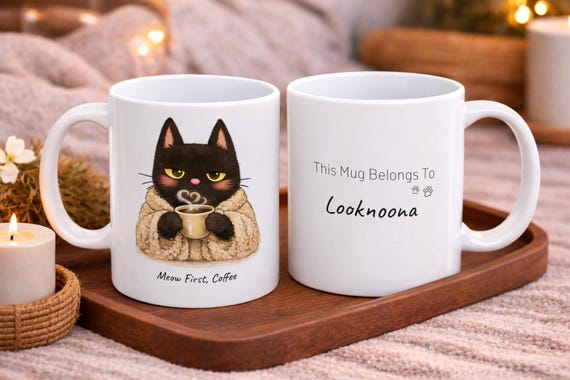 Personalized Black Cat Mug: 'Meow First, Coffee' - Cat Lover Gift