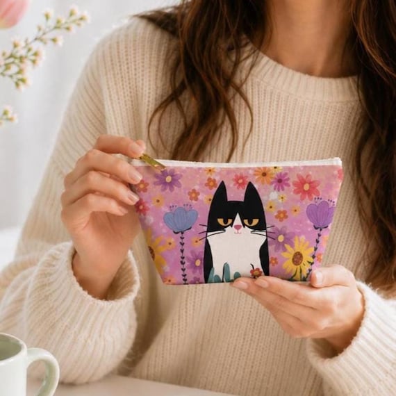 Personalized Black Cat Floral Makeup Bag, Lavender Travel Organizer, Custom Name Pouch