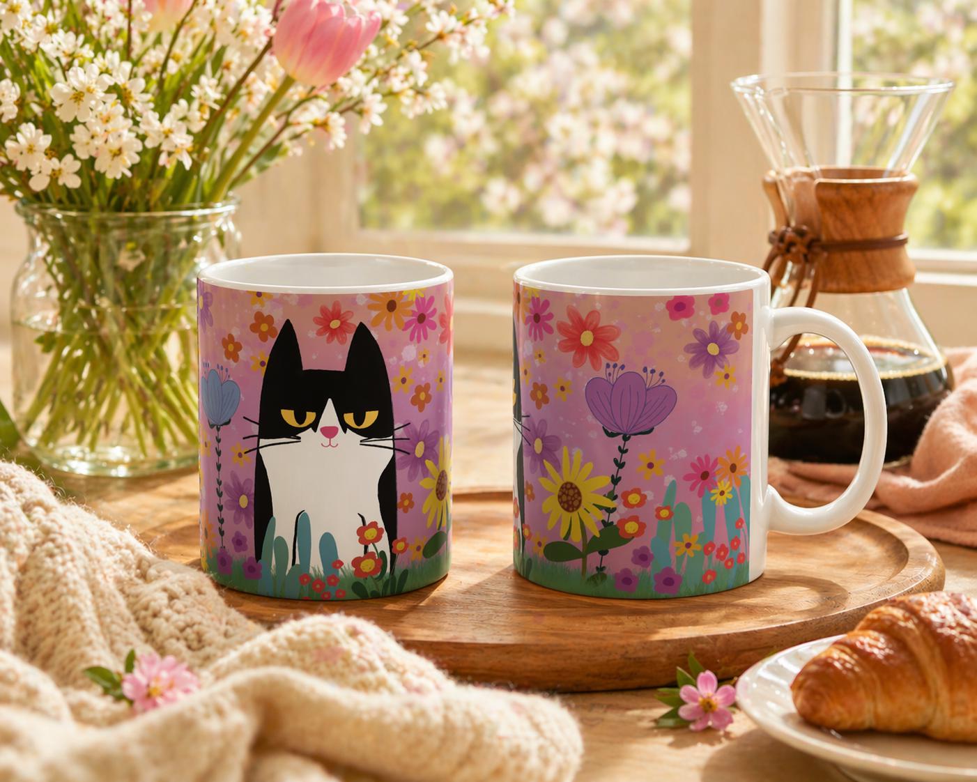 Black and White Cat Floral Mug, Cozy Pink Cat Lover Gift