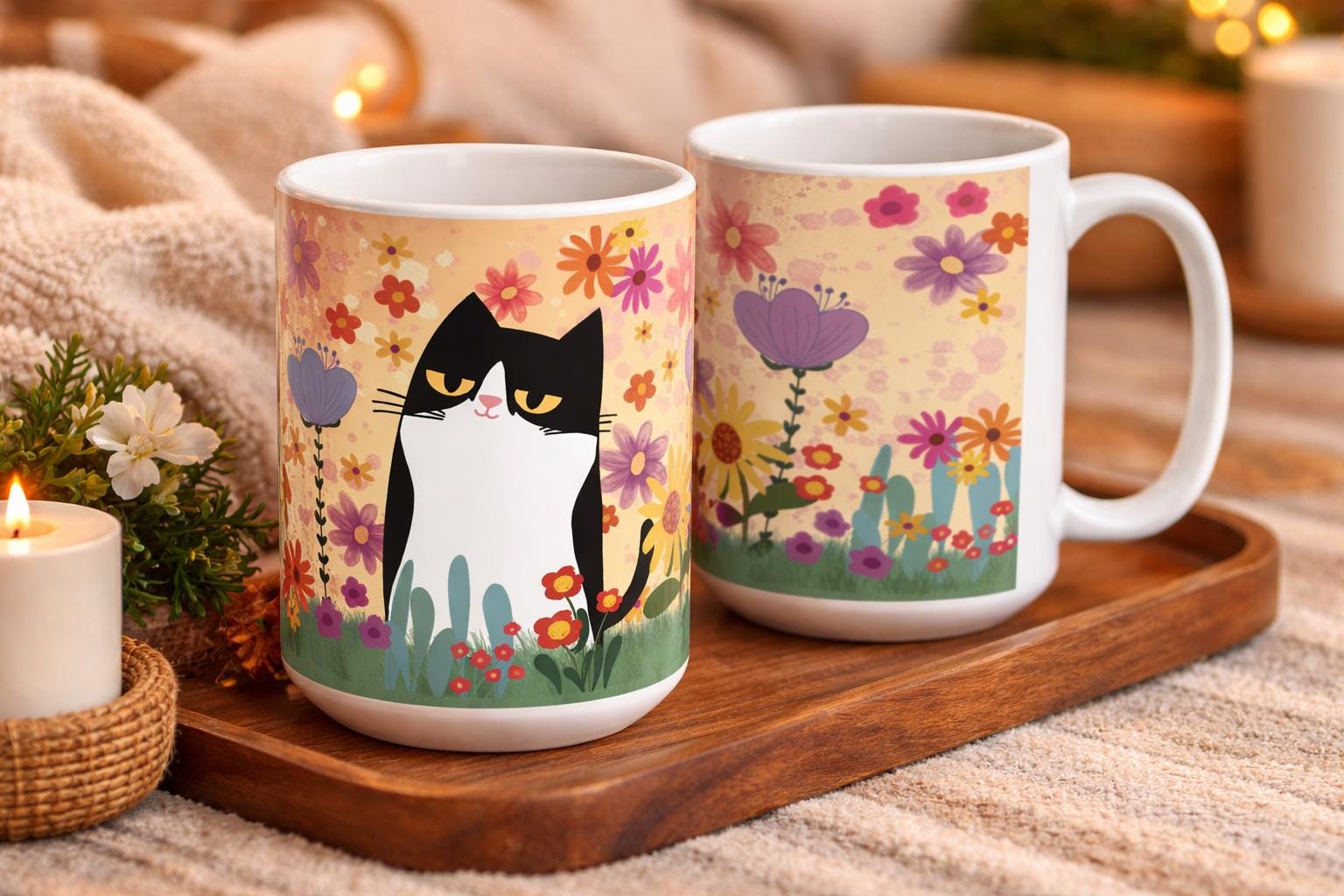 Floral Cat Mug, Cat Lover Gift, Warm Yellow Coffee Cup