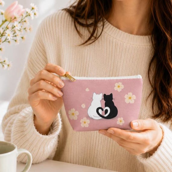 Personalized Cat Couple Pouch, Black White Cats Floral Cosmetic Bag