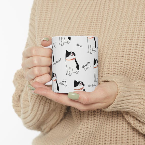 Funny Sleepy Cat Mug, Yawning Cat Lover Coffee Cup