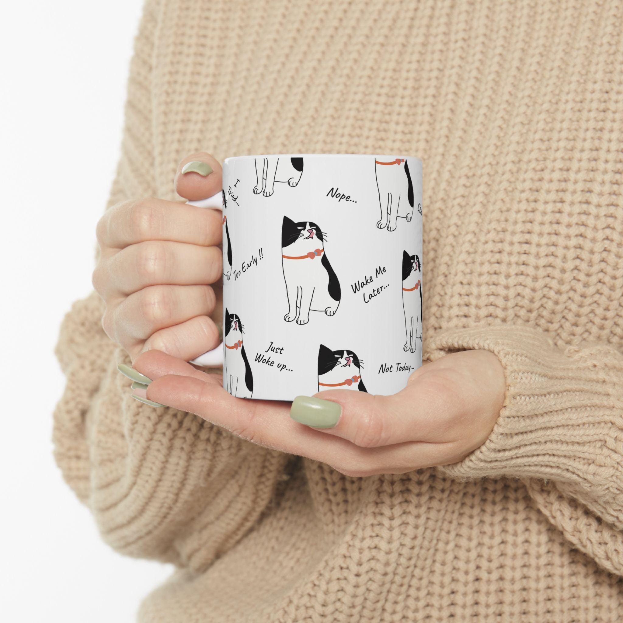 Funny Sleepy Cat Mug, Yawning Cat Lover Coffee Cup