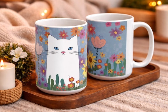 Floral White Cat Mug, Blue Coffee Cup, Cat Lover Gift