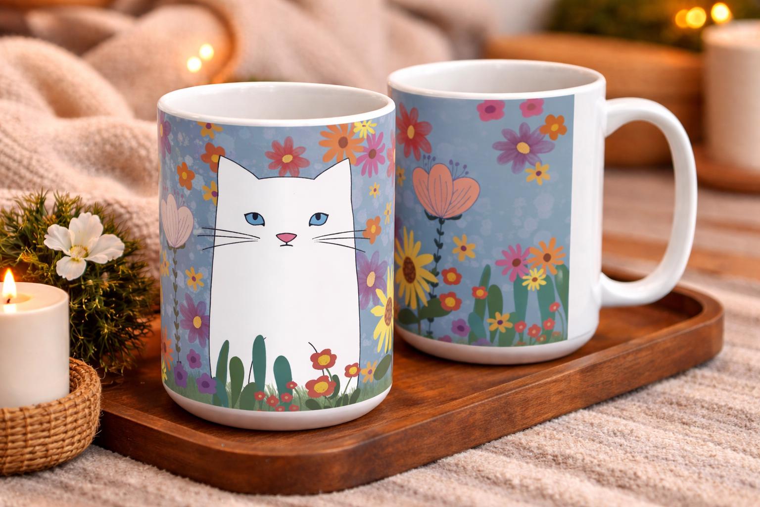 Floral White Cat Mug, Blue Coffee Cup, Cat Lover Gift