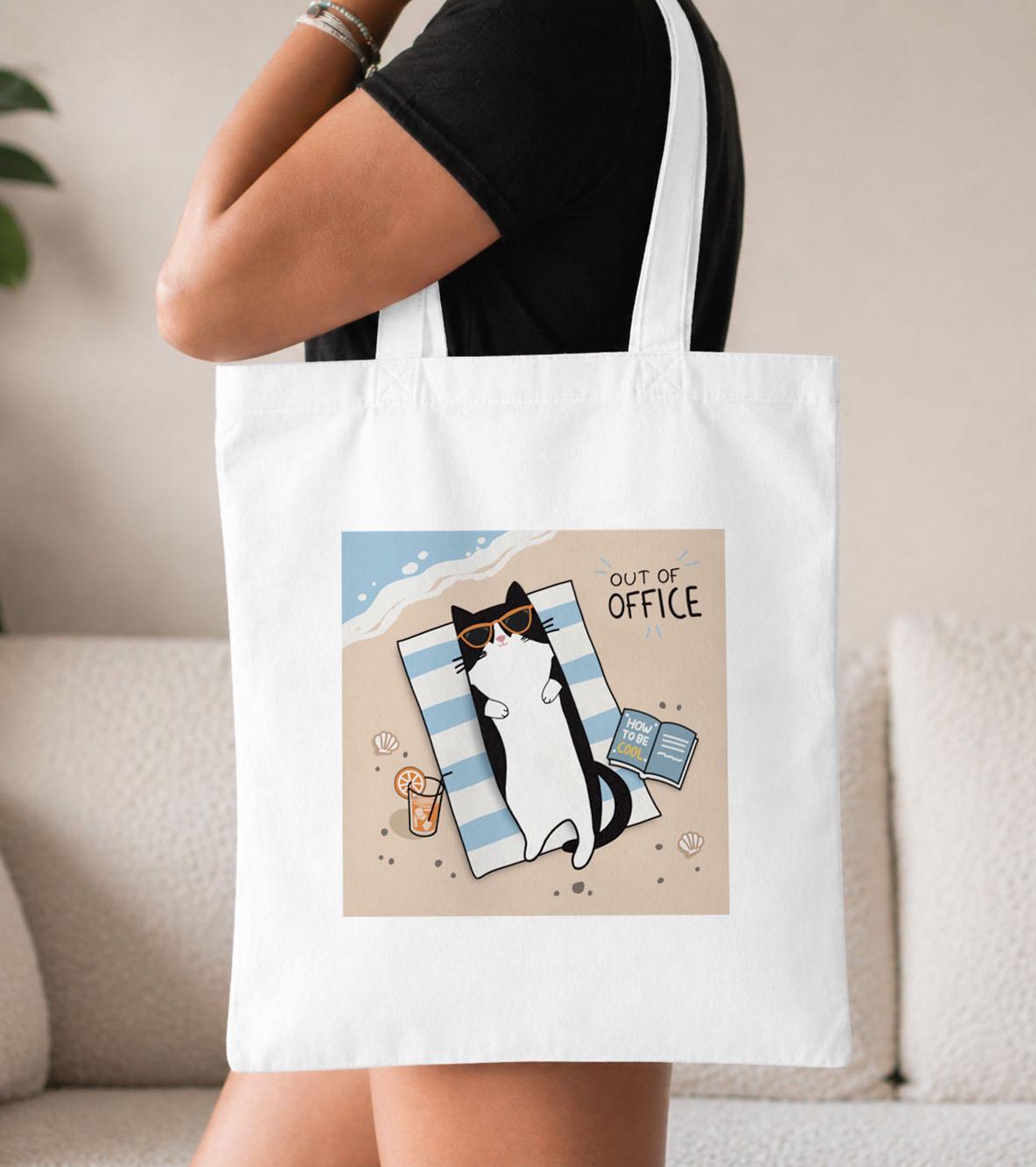 Cat Tote Bag, Out of Office Beach, Summer Vacation Canvas Bag