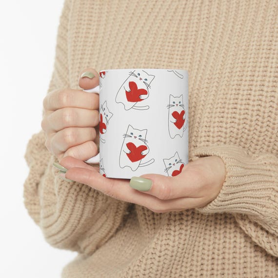 Cat Heart Mug, Minimalist Cat Lover Coffee Cup, Ceramic Gift