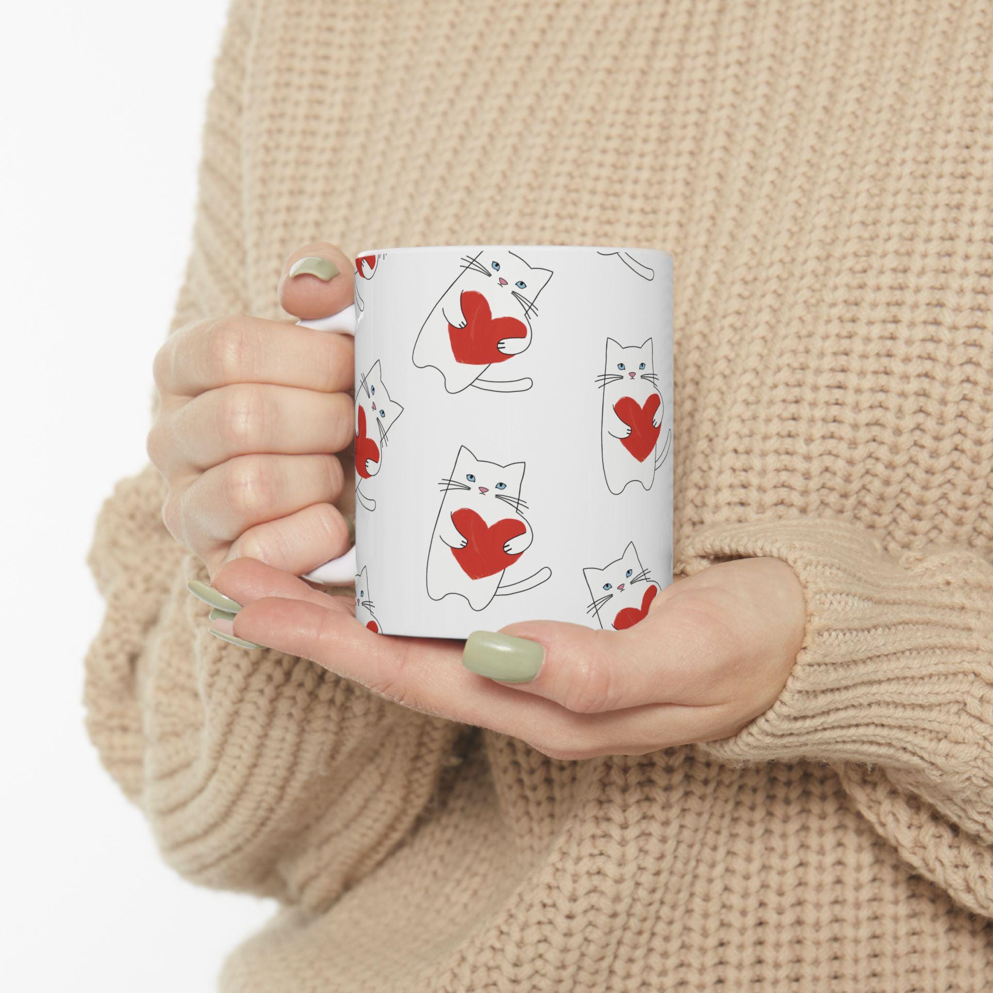 Cat Heart Mug, Minimalist Cat Lover Coffee Cup, Ceramic Gift