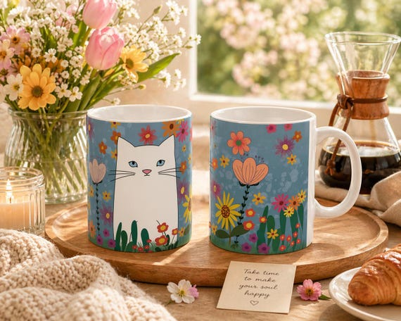 Floral White Cat Mug, Blue Coffee Cup, Cat Lover Gift