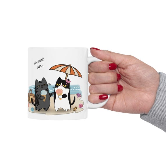 Cat Couple Summer Mug, Ice Cream Beach Scene,Personalized Coffee Cup