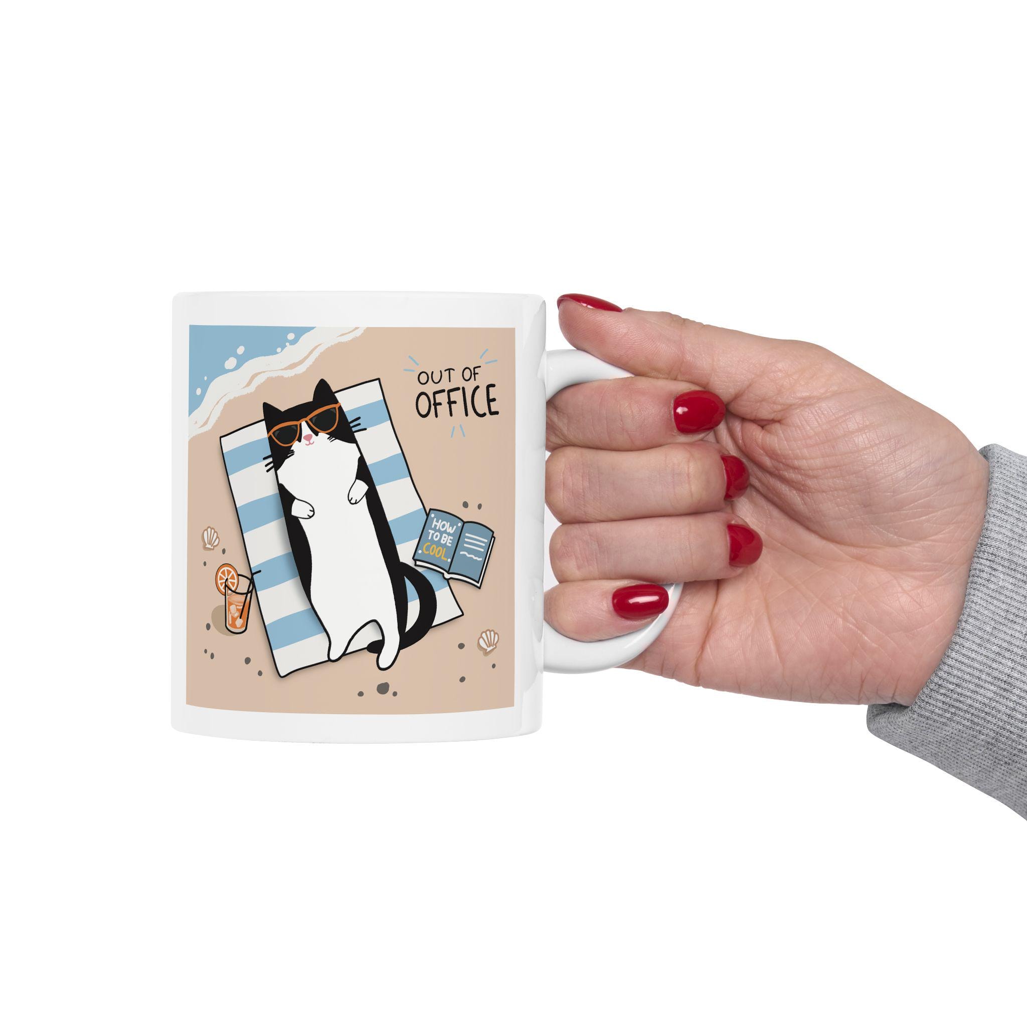 Personalized Cat Beach Mug, Out of Office Coffee Cup, Custom Name Gift