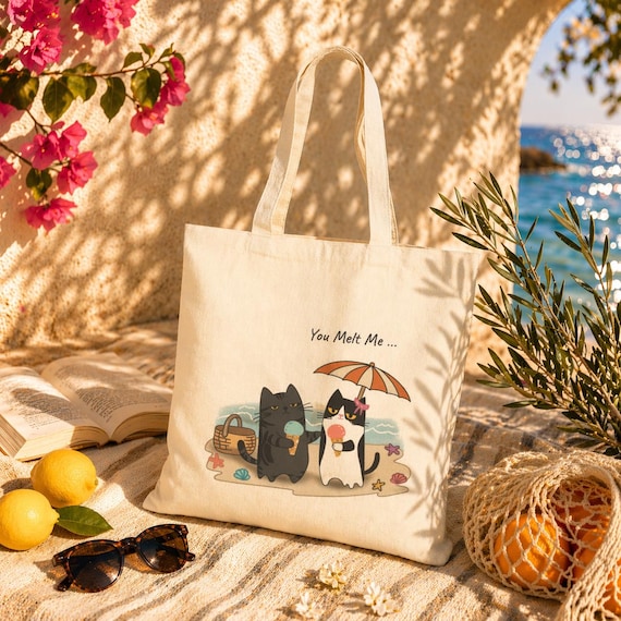Cat Couple Ice Cream Beach Tote Bag, Summer Cotton Canvas Bag