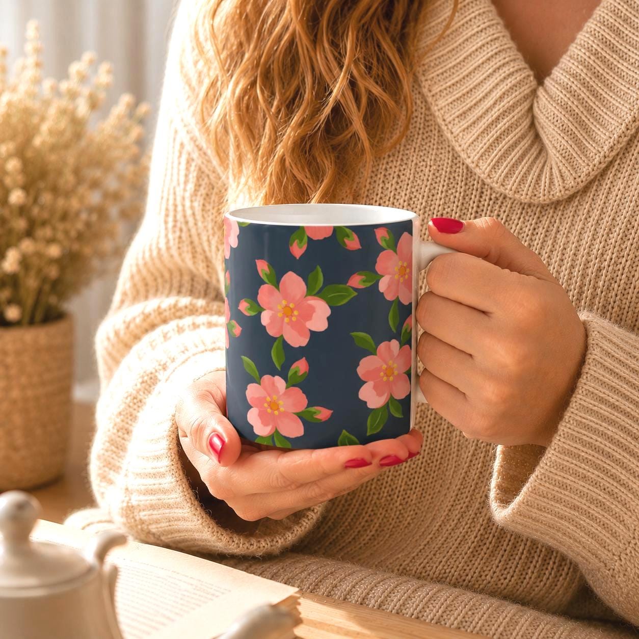 Pink Floral Ceramic Mug, Blue Botanical Coffee Cup, Cottagecore Tea Mug