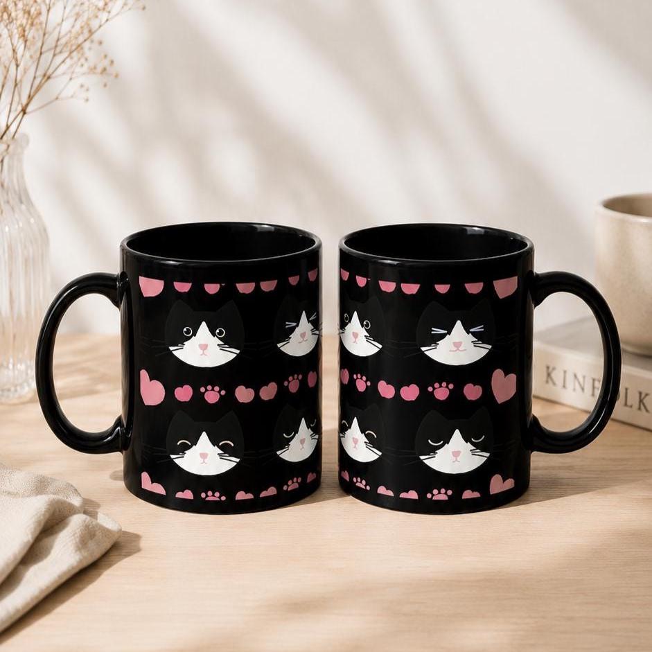 Black Cat Faces Pattern Mug, Tuxedo Kitty Coffee Cup, Cat Lover Gift