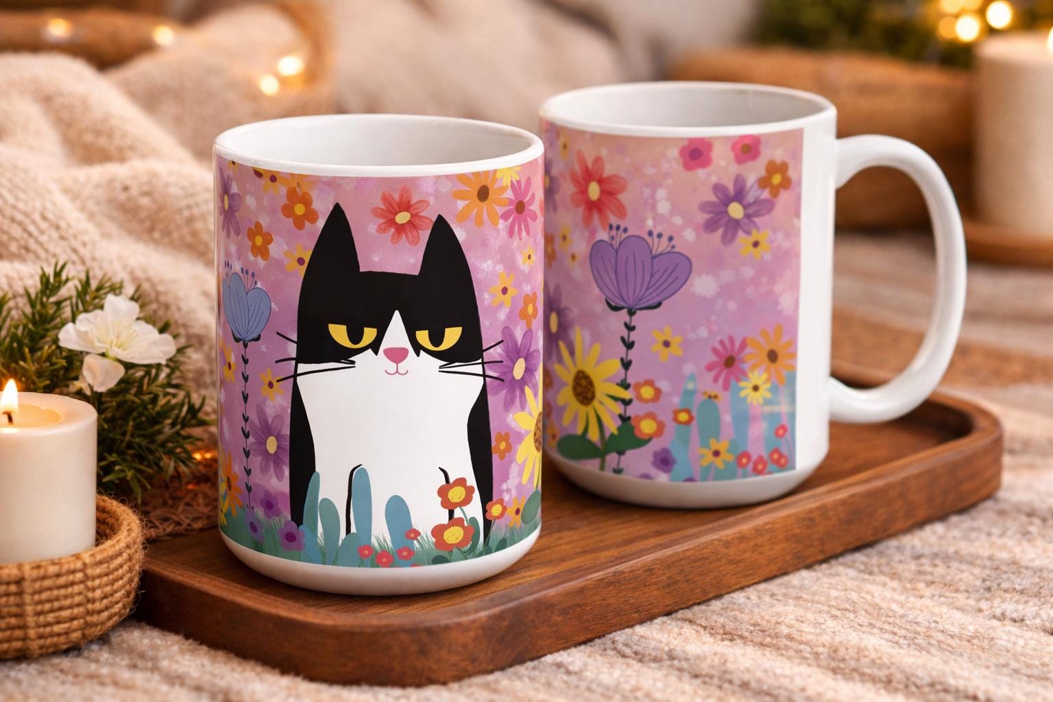 Black and White Cat Floral Mug /Cozy Pink Cat Lover Gift