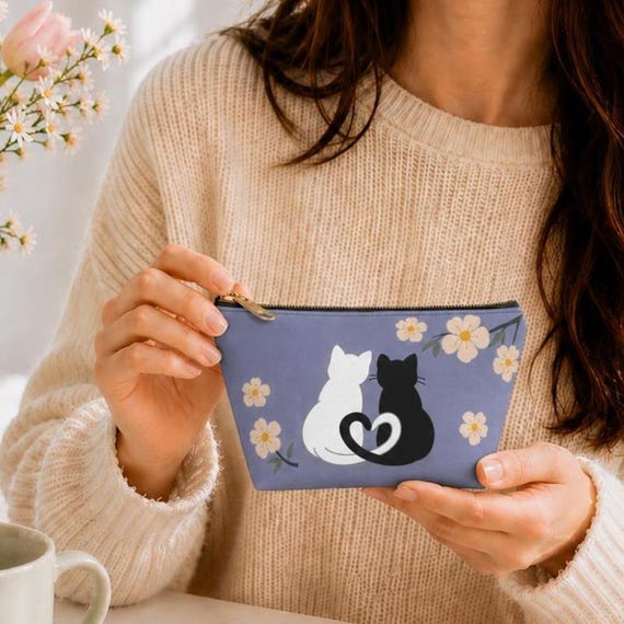 Personalized Cat Couple Makeup Bag, Black Floral Cosmetic Pouch with Custom Name.