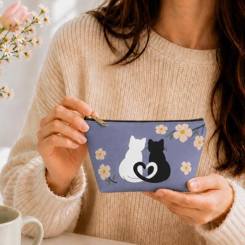 Personalized Cat Couple Makeup Bag, Black Floral Cosmetic Pouch with Custom Name.