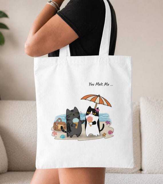 Cat Couple Beach Tote Bag, Summer Ice Cream Lovers Canvas Bag