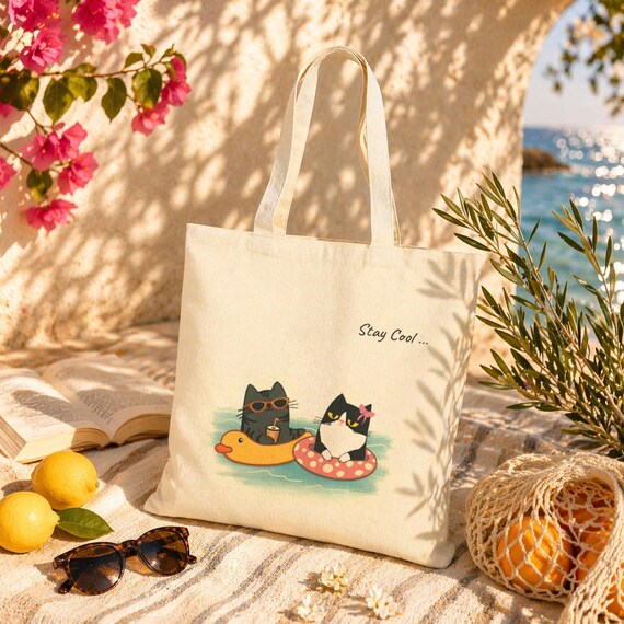Cats Summer Canvas Tote Bag, Beach Vacation Bag, Cat Lover Gift