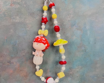 Red/Bright orange angel & yellow mushroom phone chain, bag charm, AMLLS