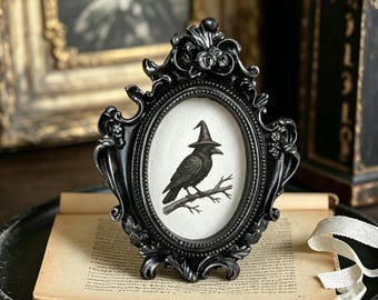Baroque Crow with Hat Mini Portrait Victorian Oval Frame, Halloween Decor, Witchy Home Gift, Dark Fairy Tale Wall Decor,Dark Magic Print