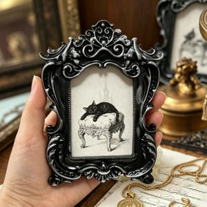 May include: A decorative black picture frame with silver highlights, featuring a monochrome print of a black cat lounging on a stool. The frame has an elaborate, swirling design, and the image is centrally positioned.