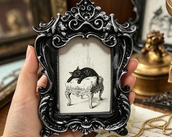 Lazy Black Cat in Ornate Frame, Charming Vintage Illustration, Gothic Home Decor, Dark Cottagecore Wall Art, Mystical Cat Keepsake