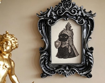 Black Cat in Armor Mini Portrait in Gothic Victorian Frame, Witchy Home Decor, Gothic Cottagecore, Cute Chivalry Decor, Dark Academia Gift
