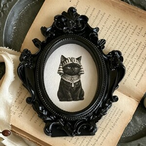 Egyptian Black Cat Mini Portrait, Gothic Framed Bastet Inspired Art, Witchy Dark Academia Decor, Tiny Victorian Wall Art image 2