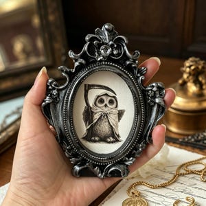 Mini Owl Grim Reaper Portrait, Gothic Owl Wall Art, Tiny Framed Dark Academia Decor, Whimsical Woodland Spirit Collectible
