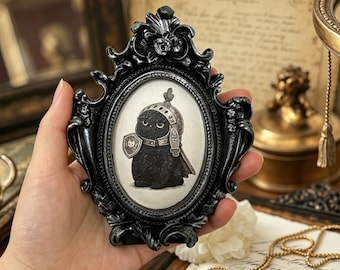 Baroque Little Cat Knight Mini Portrait Vintage Frame, Dark Fairy Tale Wall Decor, Gothic Oddity Home Decor