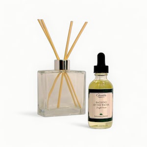 May include: A clear glass diffuser bottle with wooden reeds and a small glass bottle of oil. The oil bottle has a black dropper top and a label that reads "Backend of the Water Jungle Cruise". The diffuser is square and has a silver collar.