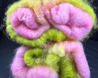 Pink and Chartreuse art batt with angora, merino, and kid mohair locks