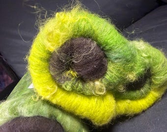 Green and black art batt with angora, merino, and kid mohair locks