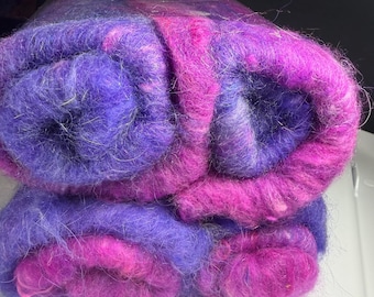 Purple and Magenta art batt with angora, merino, kid mohair locks, silk, and fire star